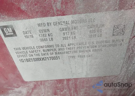 2017 Chevrolet Cruze Lt Auto z USA, uszkodzony, nr VIN 1G1BE5SMXH7170031